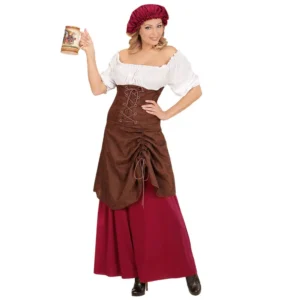 Mujer posando de frente con una mano en la cadera alzando una jarra de barro de la tienda Disfraces Lucero mientras luce el disfraz de tabernera medieval compuesto por un vestido largo con corpiño marrón, falda granate y cubrecabeza a juego.