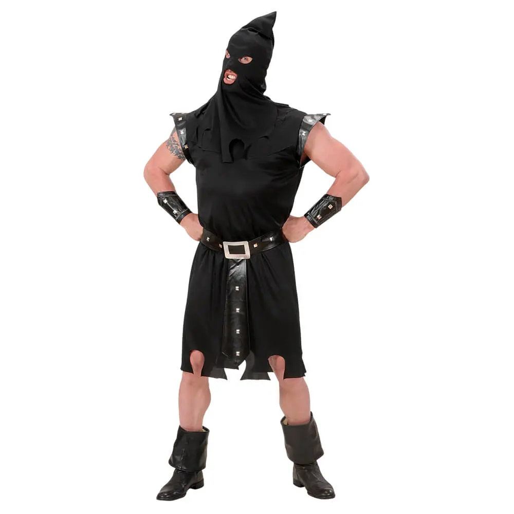 Disfraz de Verdugo Medieval Adulto – Traje de Inquisidor o Torturador Negro con Capucha (4 Piezas) - Imagen 3