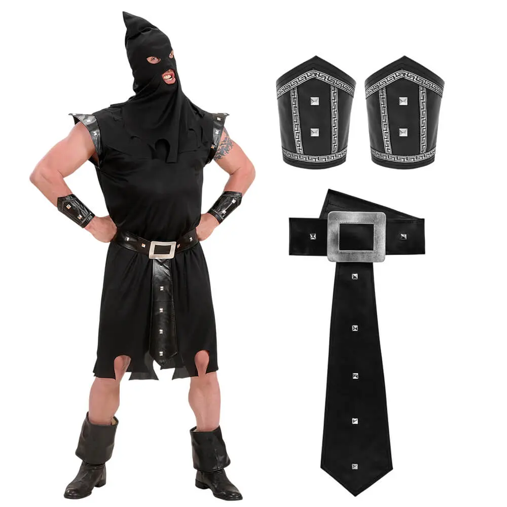 Disfraz de Verdugo Medieval Adulto – Traje de Inquisidor o Torturador Negro con Capucha (4 Piezas) - Imagen 4