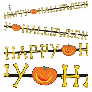 Guirnalda de 2 metros Happy Halloween con letras con forma de huesos y detalle de calabaza naranja