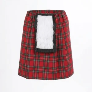 Falda kilt escocesa de cuadros rojos con bolsa de pelo blanco sporran integrada para disfraz de adulto de Disfraces Lucero.