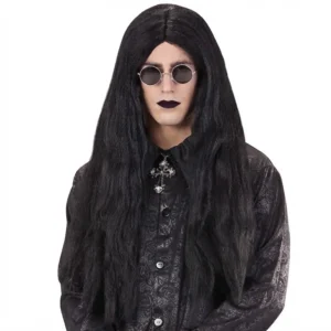 Hombre con peluca larga negra Eastbourne con raya al medio para disfraz gótico o de vampiro