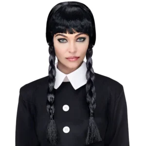 Peluca de adulto estilo Miércoles Merlina Addams en color negro con flequillo y dos trenzas laterales para disfraz gótico