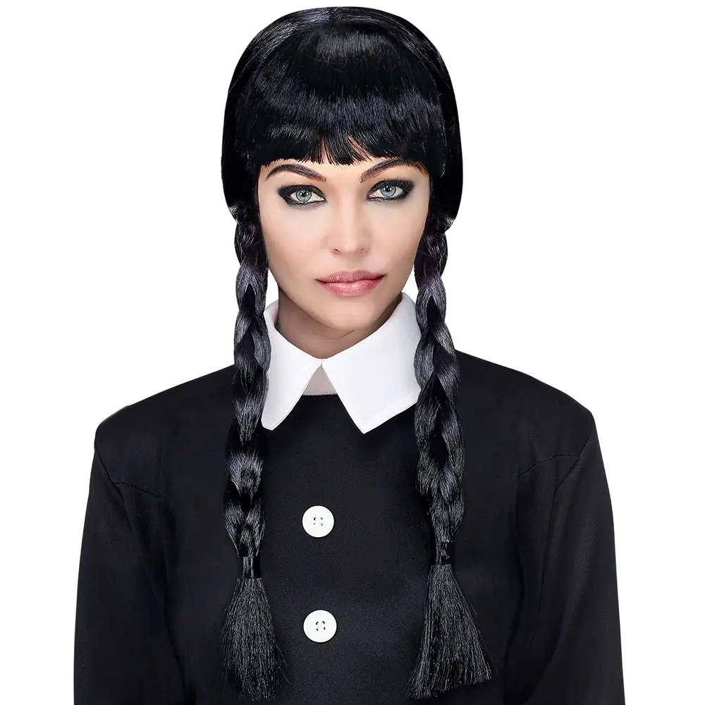 Peluca de adulto estilo Miércoles Merlina Addams en color negro con flequillo y dos trenzas laterales para disfraz gótico
