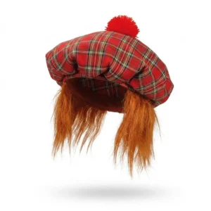 Boina escocesa de cuadros tartán rojo con pompón y pelo sintético pelirrojo integrado de Disfraces Lucero.