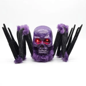 Araña fantasma mecánica con cabeza de calavera morada y roja con ojos iluminados para Halloween
