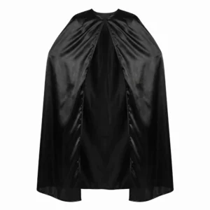 Capa negra lisa de 100 cm de largo para adulto e infantil de la tienda Disfraces Lucero, mostrada de frente sobre fondo blanco con un elegante acabado brillante.