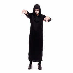 Túnica con capucha de color negro azabache para adulto de frente sobre fondo blanco con mangas largas y capucha de la tienda Disfraces Lucero.