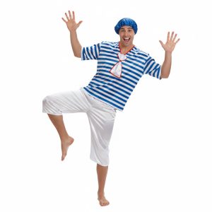 Disfraz de bañista antiguo para adulto fabricado en raso azul y blanco con lazo.