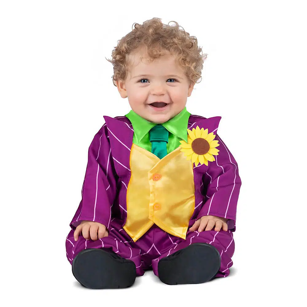 Disfraz de payasito travieso para bebé con chaqueta morada y pantalón colorido, ideal para carnaval o fiestas infantiles