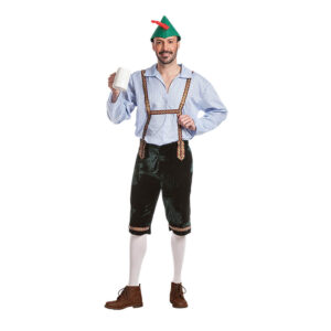 Disfraz de tirolés adulto con camisa blanca, pantalón marrón y gorro con pluma, ideal para Oktoberfest o carnaval
