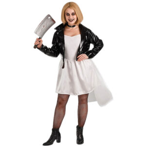 Disfraz de novia muñeco diabólico para adulto con vestido de tul y chaqueta negra, ideal para Halloween o fiestas de terror