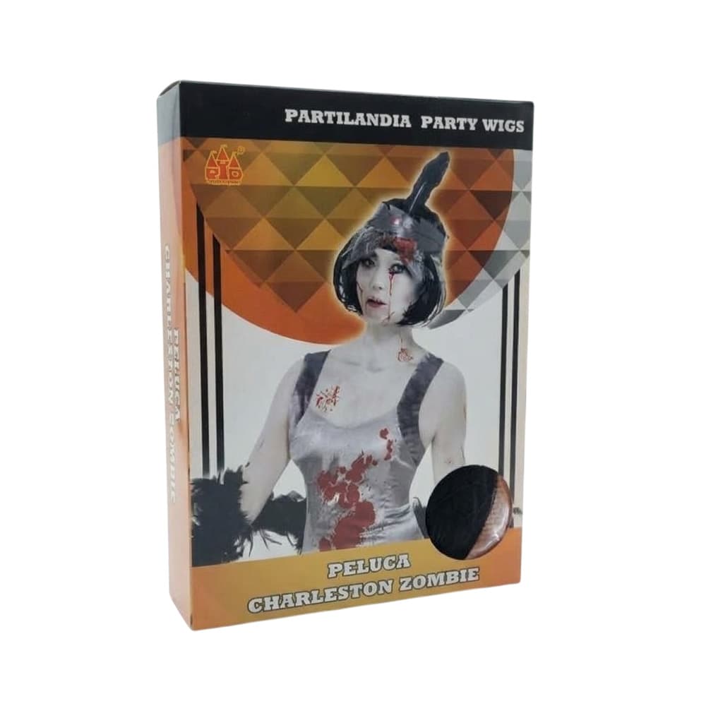 Caja de peluca Charleston Zombie corta de color negro con cinta y pluma para disfraz de Halloween