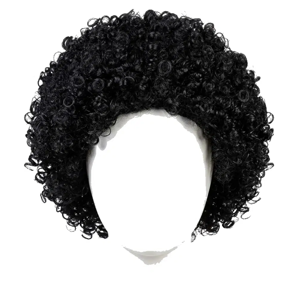 Peluca rizada negra con volumen sobre maniquí blanco, fondo blanco