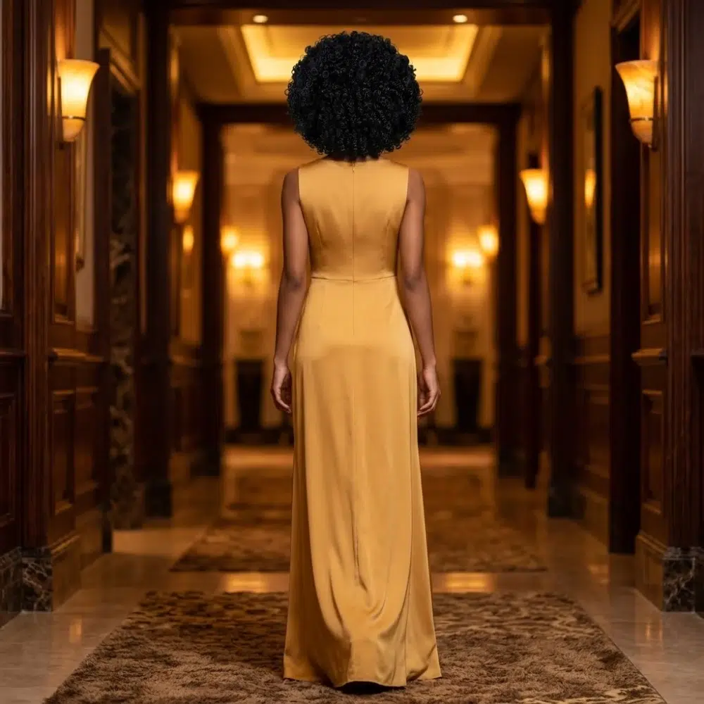 Mujer de espaldas con peluca rizada negra con volumen y vestido dorado en un pasillo elegante