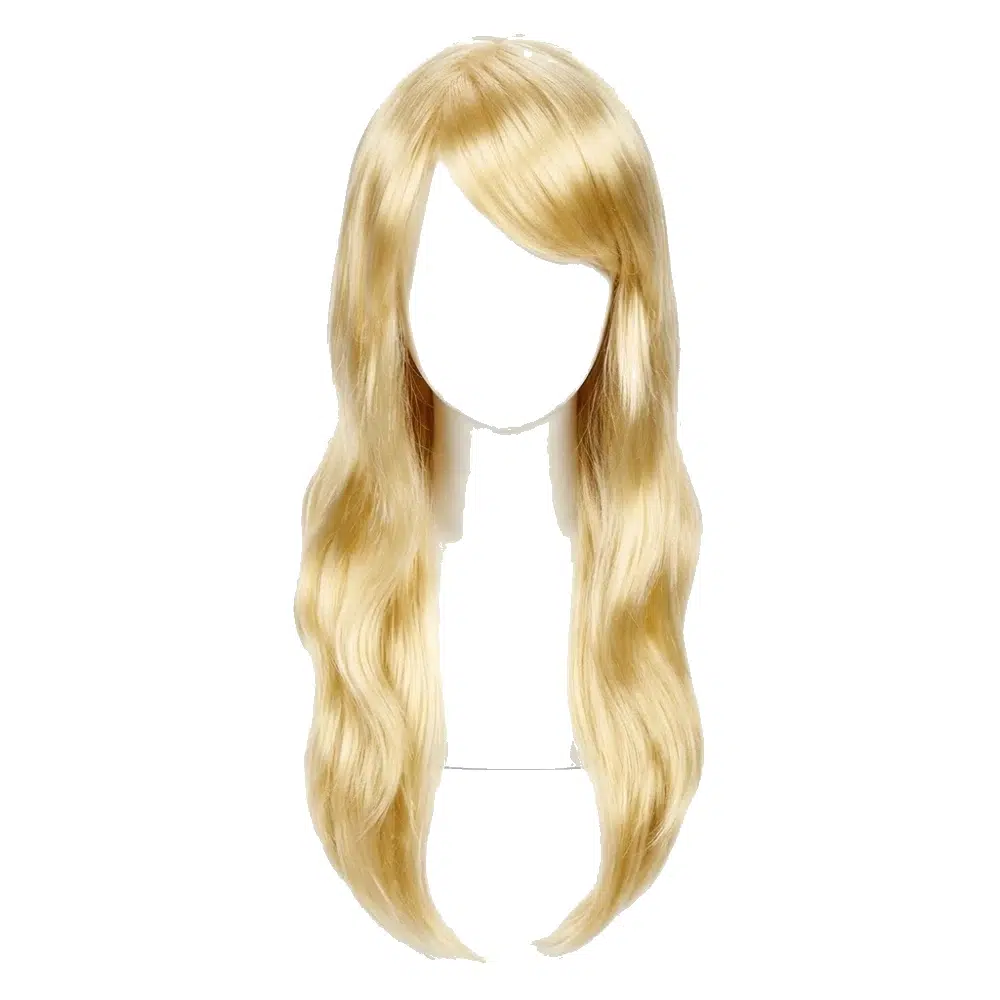 Peluca rubia larga con flequillo sobre maniquí blanco, fondo blanco