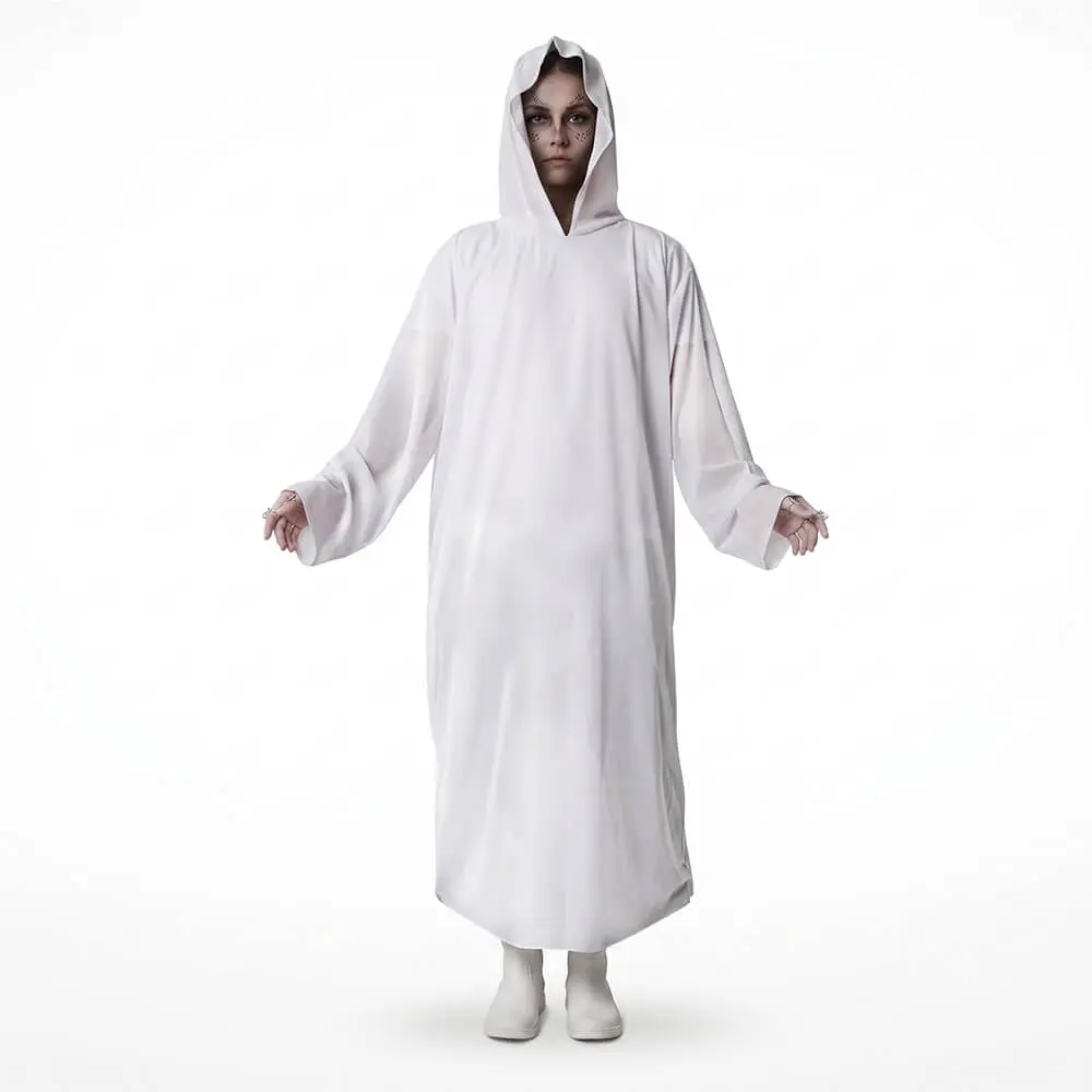 Túnica con Capucha Blanca 130 cm para Adulto – Capa Entera de Monje, Sacerdote, Mago o Fantasma (Talla Única) - Imagen 3