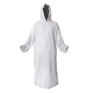 Túnica con capucha de 130cm de largo de color blanco puro de frente sobre fondo blanco con mangas anchas y capucha integrada de la tienda Disfraces Lucero.