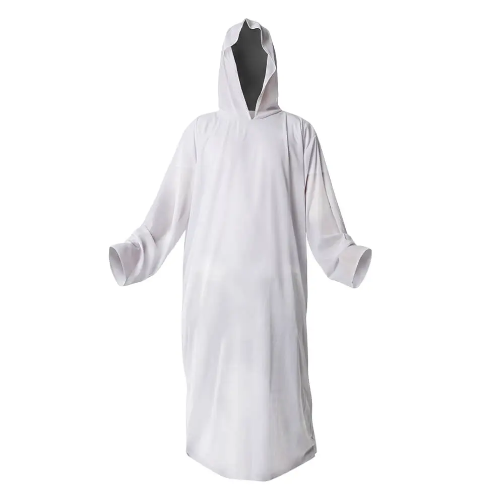 Túnica con capucha de 130cm de largo de color blanco puro de frente sobre fondo blanco con mangas anchas y capucha integrada de la tienda Disfraces Lucero.
