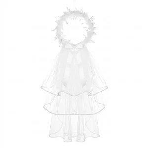 Velo de novia blanco con detalle de plumas en la parte superior, accesorio para disfraz de la tienda Disfraces Lucero.