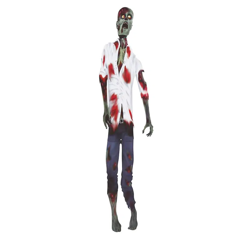 Silueta decorativa de zombi de cartón de 150 cm de altura de frente sobre fondo blanco con piel verde, ropa azul rasgada y pose de ataque con una mano extendida de la tienda Disfraces Lucero.