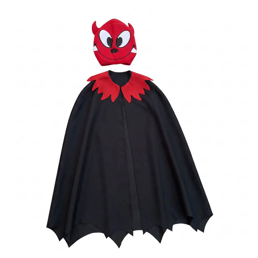 Carcasa de disfraz compuesta por una capa negra con cuello de picos rojo y bajo troquelado junto a una capucha roja independiente con cara de diablo sonriente y cuernos de la tienda Disfraces Lucero.