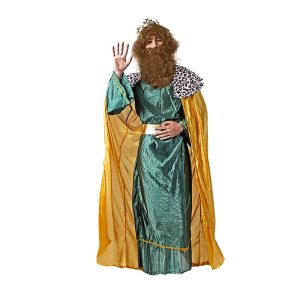 Disfraz de Rey Mago Baltasar adulto con capa dorada, túnica verde y cinturón dorado para cabalgatas y celebraciones navideñas