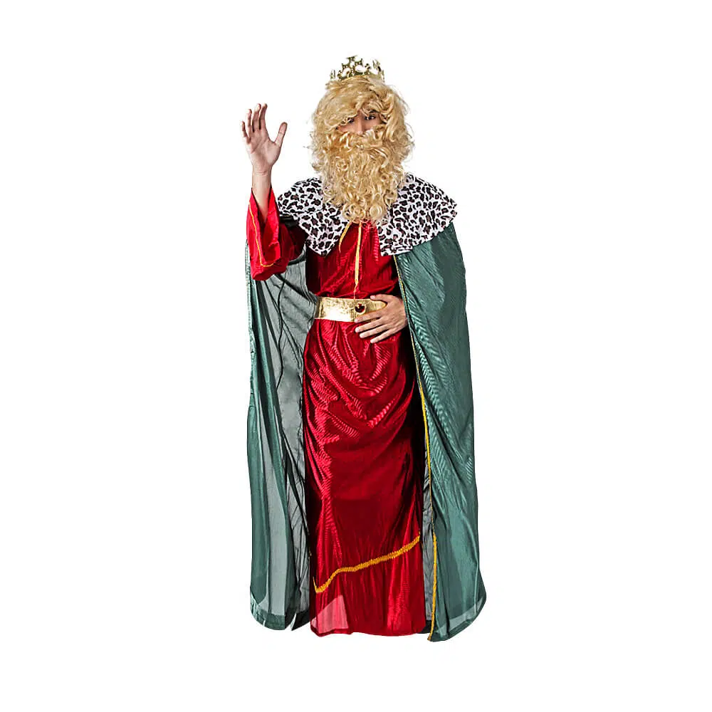 Disfraz de Rey Mago Melchor adulto con capa verde, túnica roja y cinturón dorado, ideal para cabalgatas navideñas