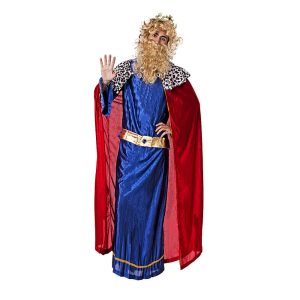 Disfraz de Rey Mago Gaspar adulto con capa roja, túnica azul y cinturón dorado, ideal para cabalgatas y eventos navideños