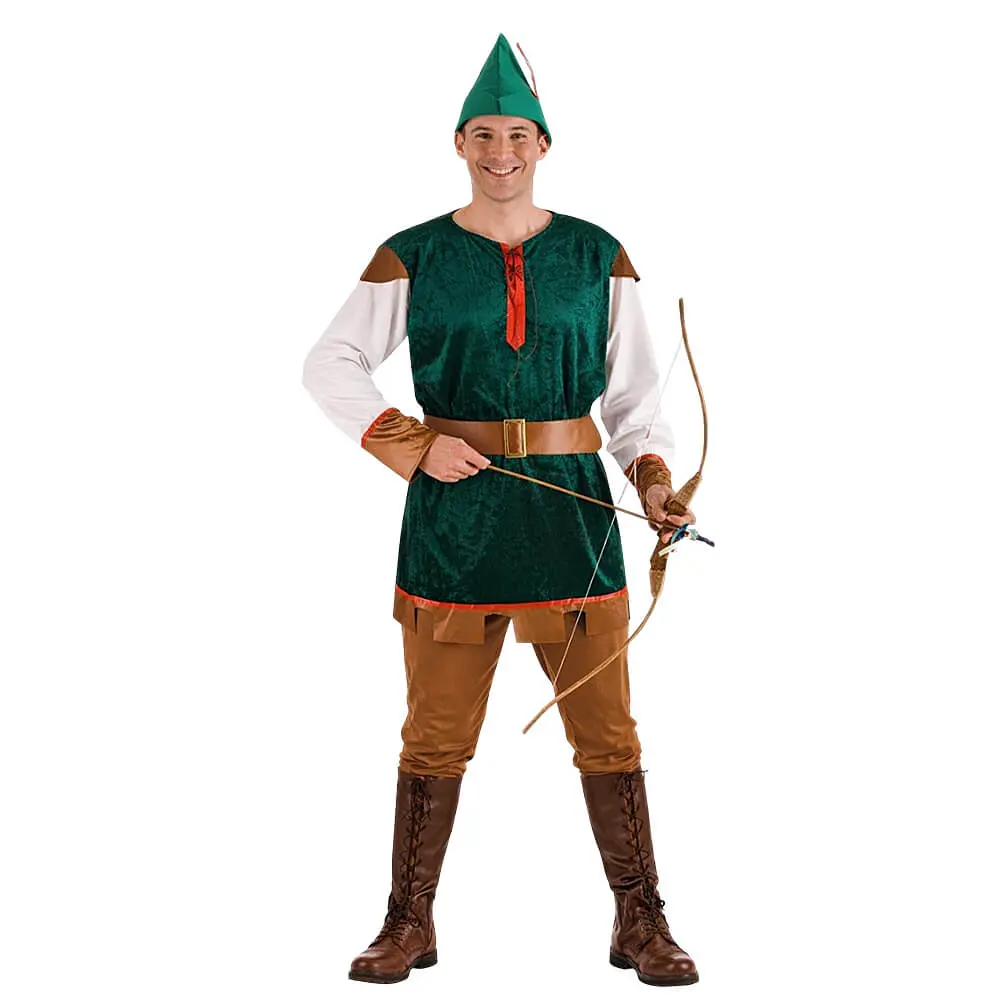 Hombre vestido con el disfraz de Robin Hood de Disfraces Lucero, con túnica verde, sombrero con pluma y cinturón.