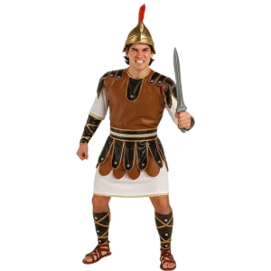 Hombre con el disfraz de gladiador romano de Disfraces Lucero, mostrando el peto efecto cuero, detalles dorados y espinilleras.