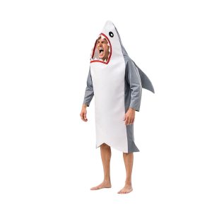 Disfraz de tiburón gris y blanco para adulto con aleta rígida y estructura de espuma.