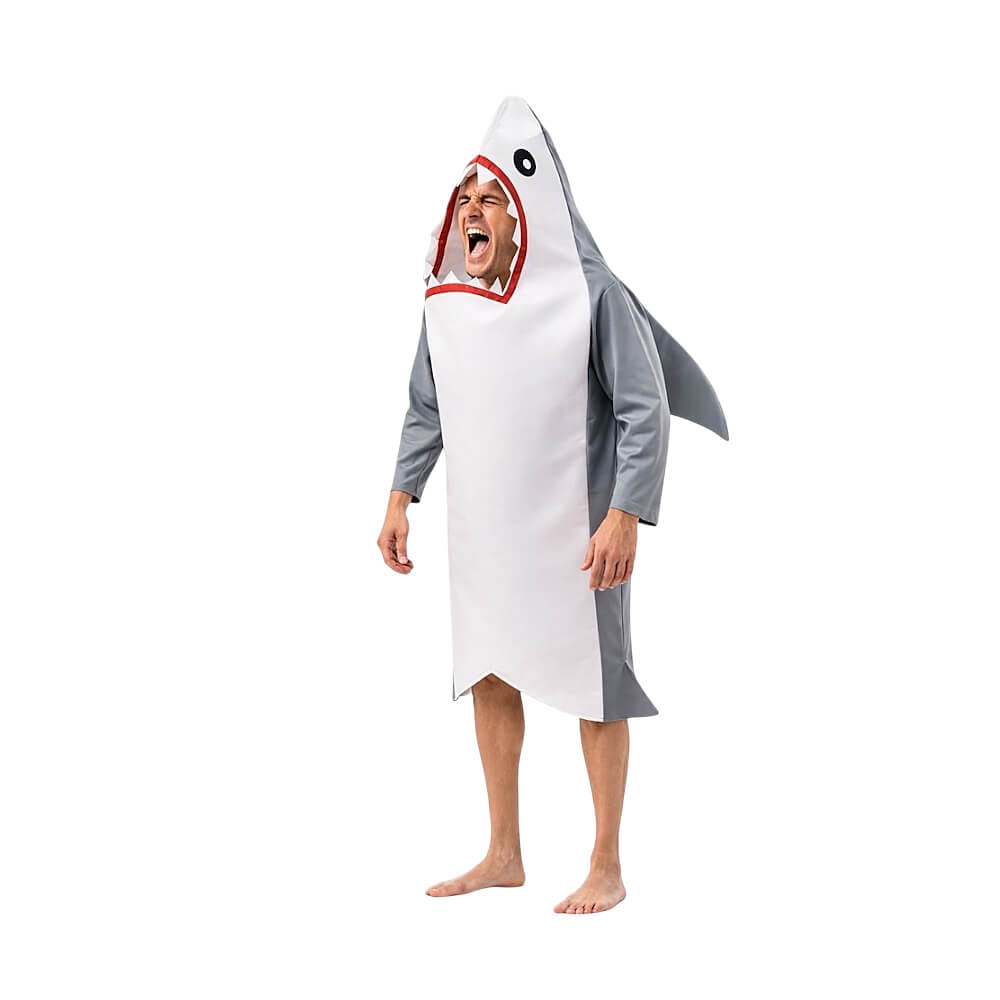 Disfraz de tiburón gris y blanco para adulto con aleta rígida y estructura de espuma.