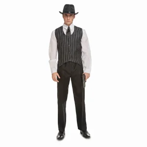 Hombre posando de frente luciendo el disfraz de gánster para adulto con chaleco y pantalón a raya diplomática de la tienda Disfraces Lucero.