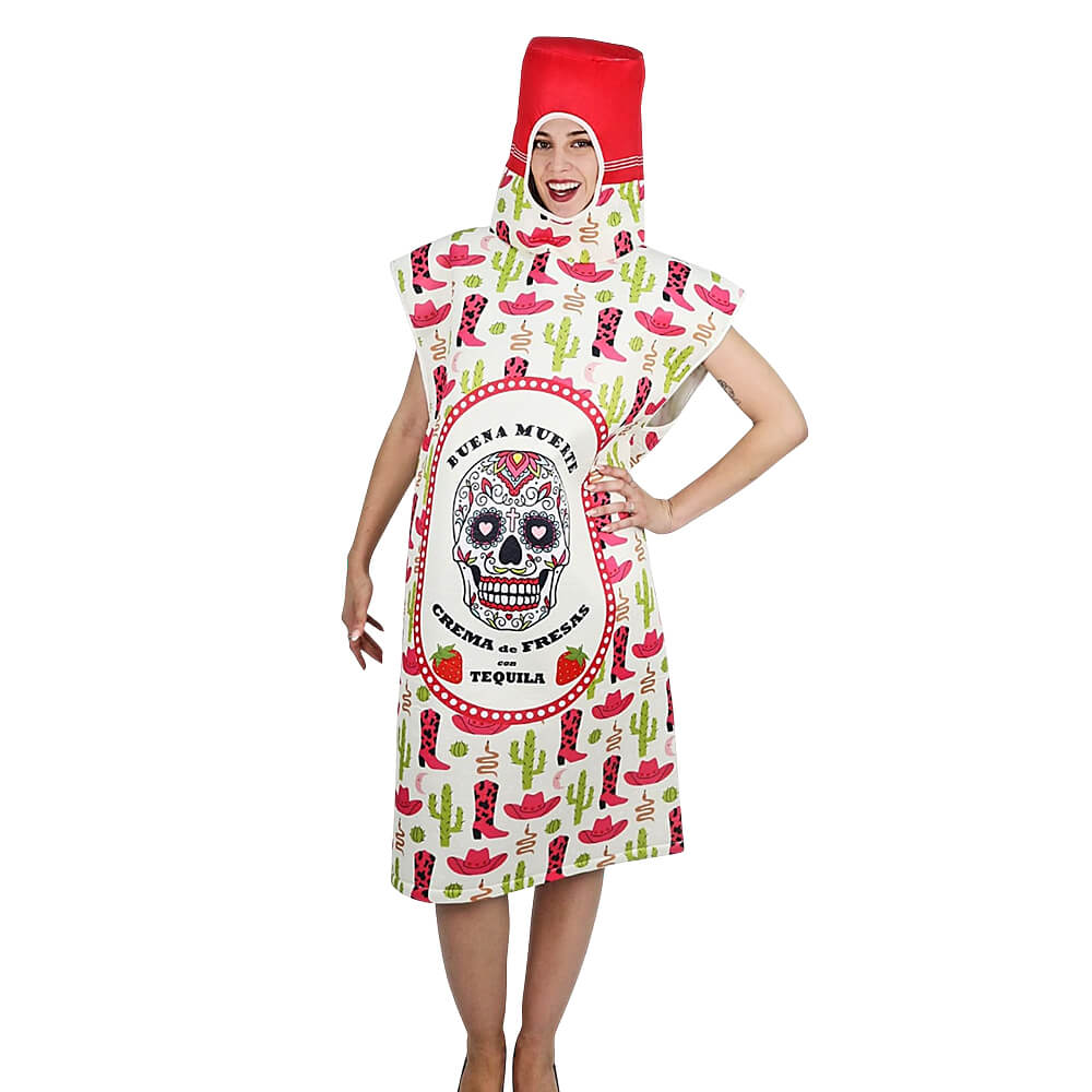 Disfraz de Tequifresa para adulto con cuerpo de botella de tequila rosa y capucha, ideal para carnaval o fiestas