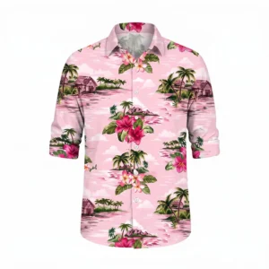 Camisa hawaiana de manga corta de color rosa con estampado completo tropical de flores de hibisco blancas y hojas verdes de palmera sobre fondo blanco de la tienda Disfraces Lucero.
