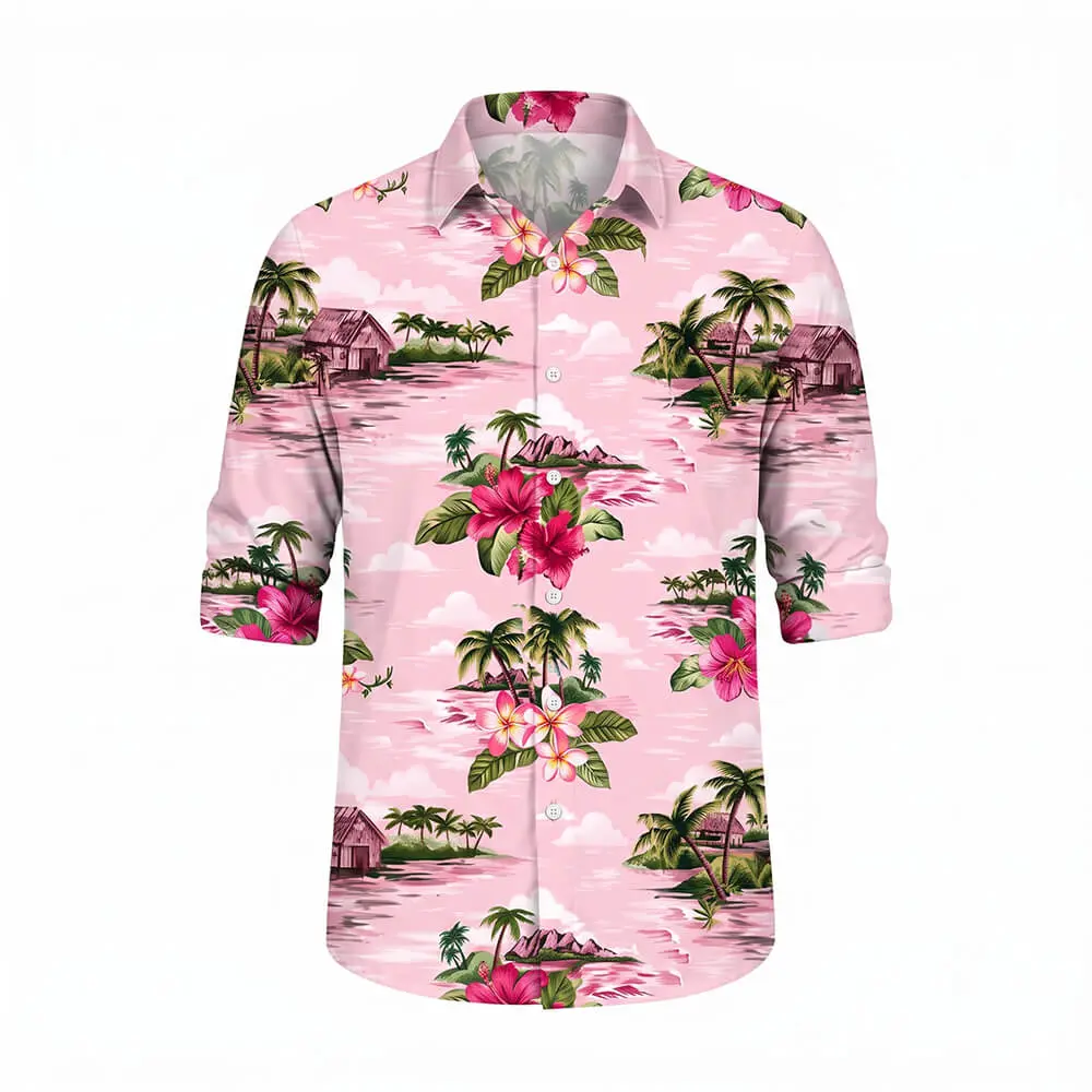 Camisa hawaiana de manga corta de color rosa con estampado completo tropical de flores de hibisco blancas y hojas verdes de palmera sobre fondo blanco de la tienda Disfraces Lucero.