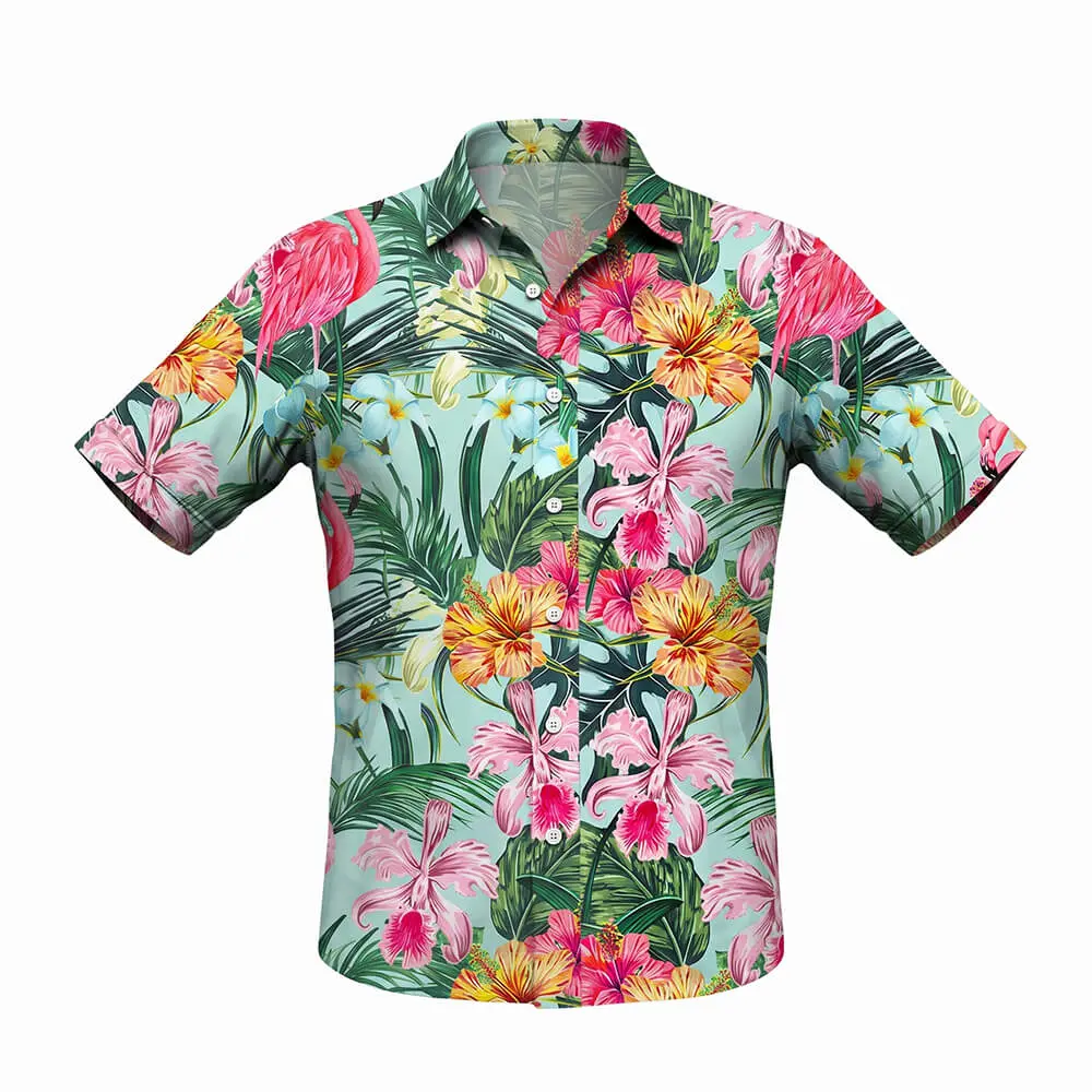 Camisa hawaiana infantil de manga corta de color verde menta con estampado completo de flamencos rosas, orquídeas y flores de hibisco amarillas de la tienda Disfraces Lucero.