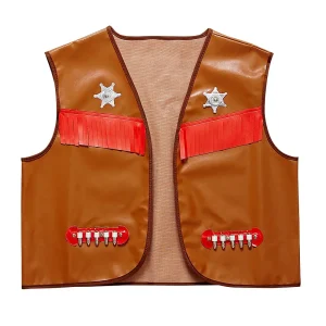 Hombre luciendo un chaleco de vaquero marrón estilo cowboy de la tienda Disfraces Lucero.