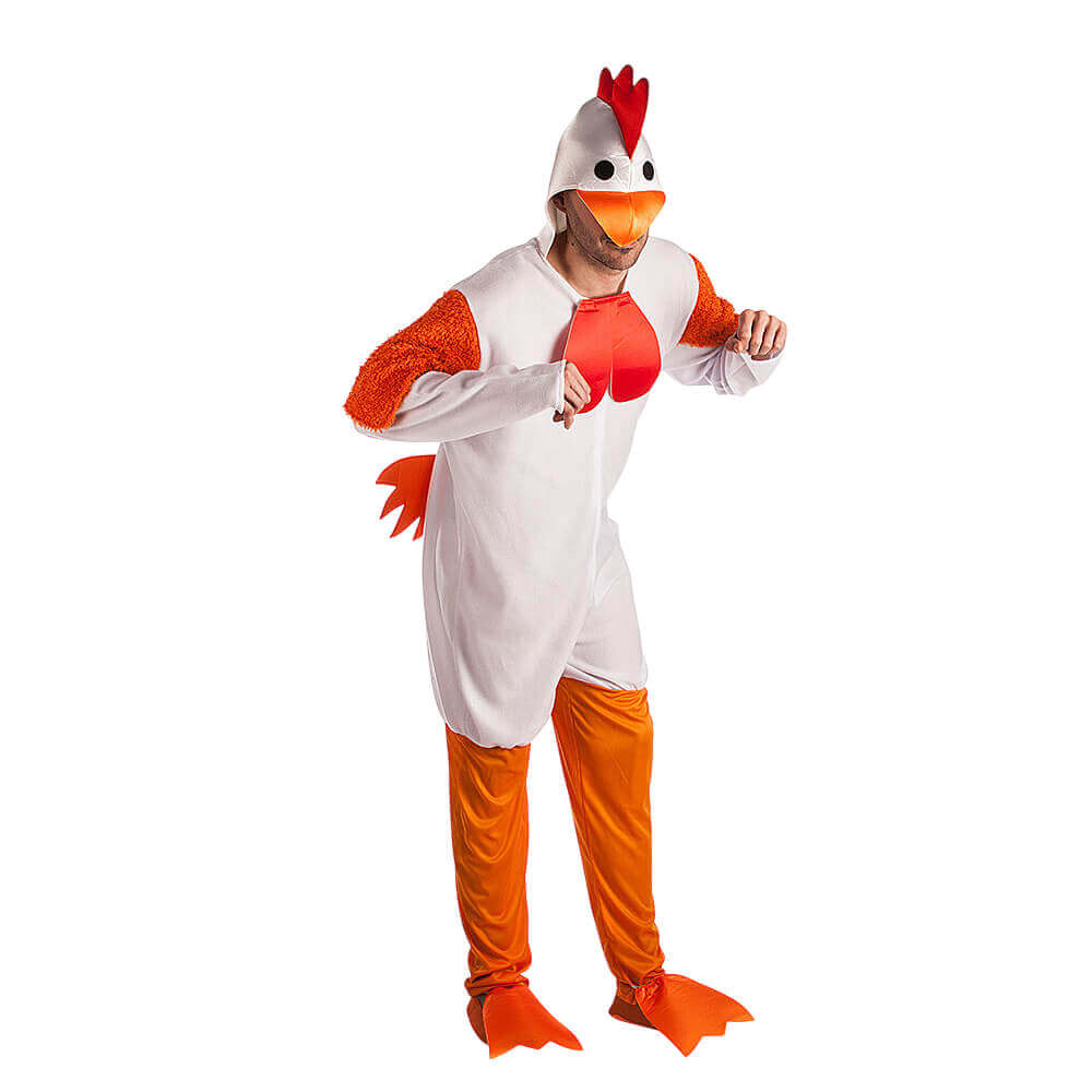 Disfraz de gallina para adulto con mono, cabeza y cubrebotas, ideal para carnaval o fiestas temáticas