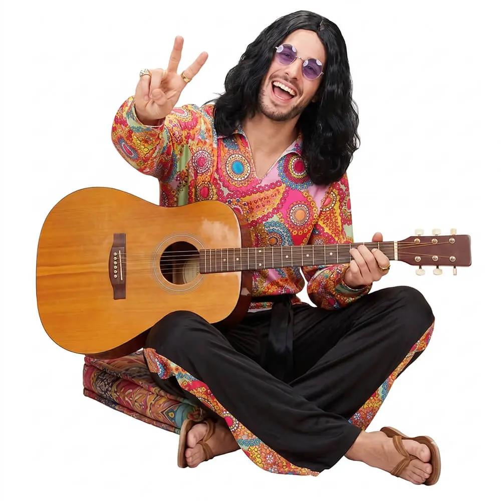 Disfraz de Hippie Dude Adulto – Traje Psicodélico de los Años 60 y 70 con Camisa Paisley y Pantalón con Abertura Estampada (3 Piezas) - Imagen 3