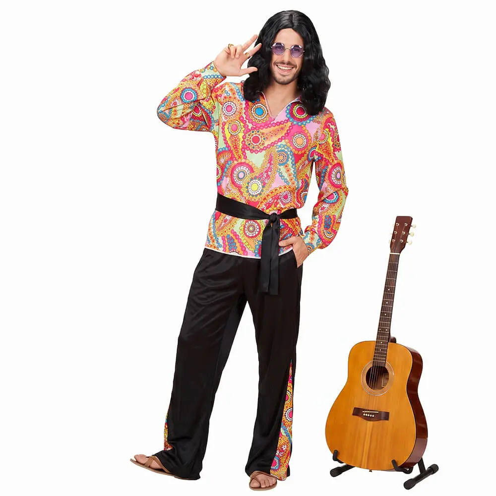 Disfraz de Hippie Dude Adulto – Traje Psicodélico de los Años 60 y 70 con Camisa Paisley y Pantalón con Abertura Estampada (3 Piezas) - Imagen 2
