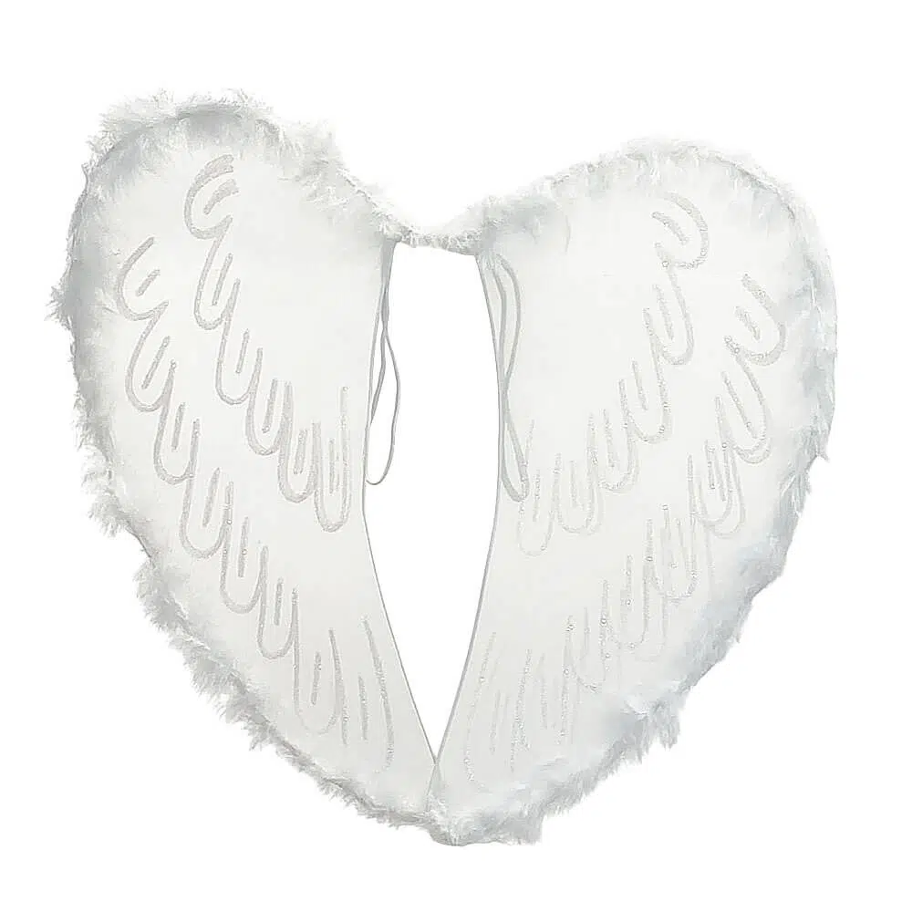 Alas de ángel blancas con textura suave y elásticos para disfraz, disponibles en Disfraces Lucero.