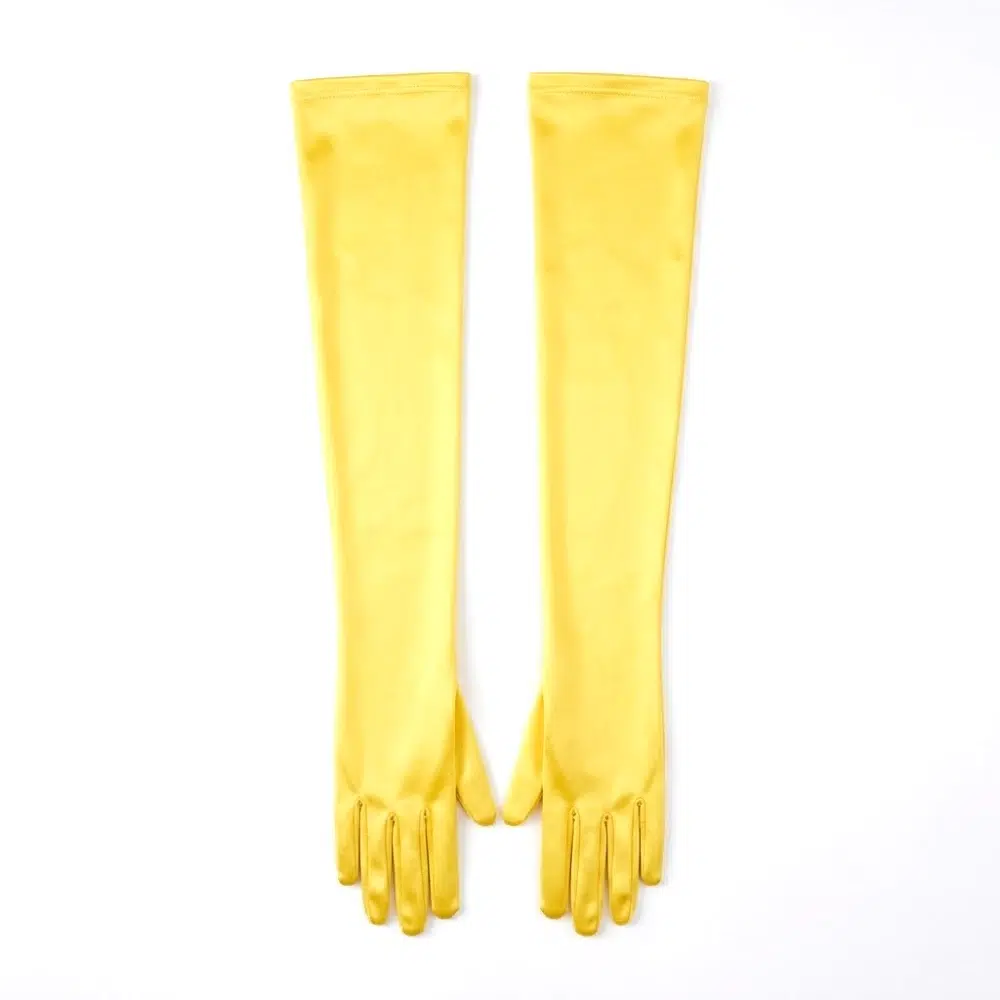 Guantes largos amarillos satinados de 45 cm sobre fondo blanco