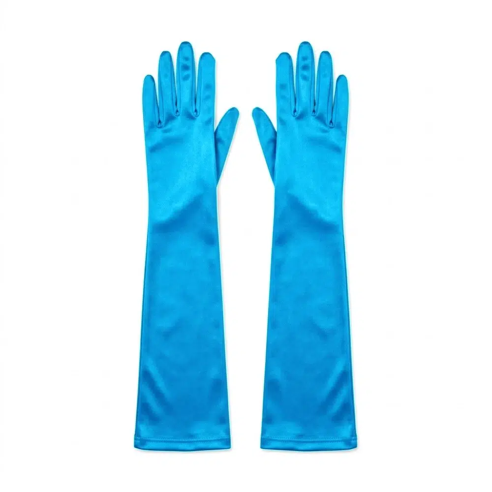 Guantes largos azul claro satinados de 45 cm sobre fondo blanco