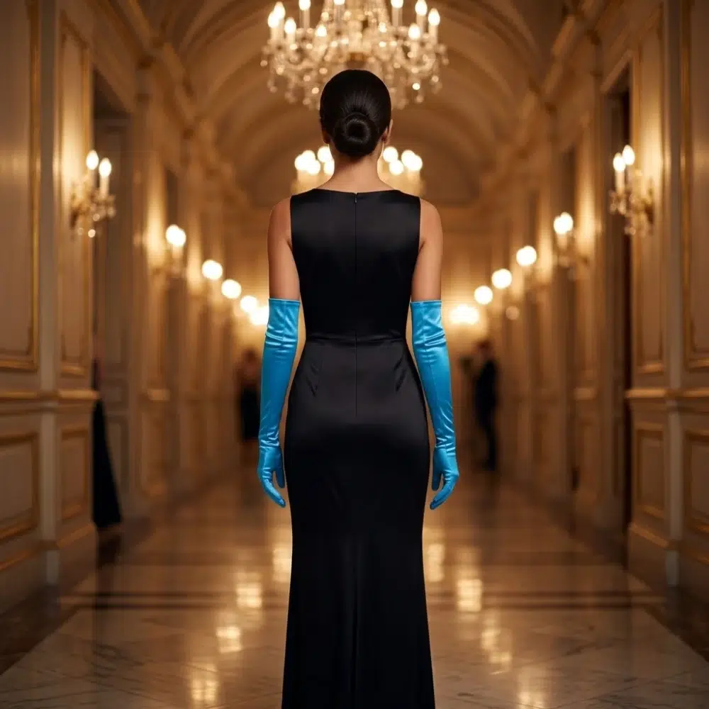 Mujer de espaldas con vestido largo negro y guantes largos azul claro en un pasillo elegante