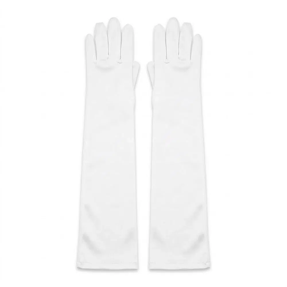 Guantes largos blancos 40cm para disfraz sobre fondo blanco