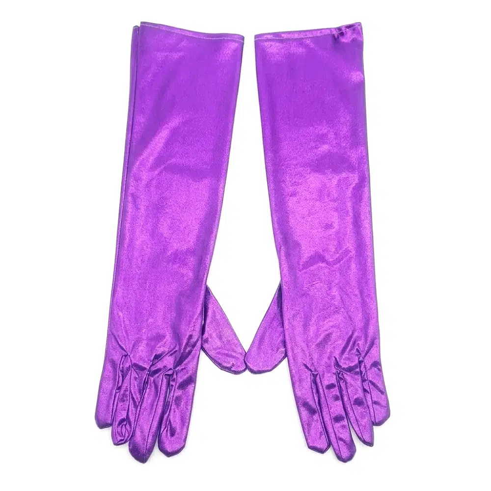Guantes largos metalizados morado 38cm para disfraz sobre fondo blanco