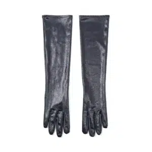 Guantes largos metalizados negros 43cm para disfraz sobre fondo blanco