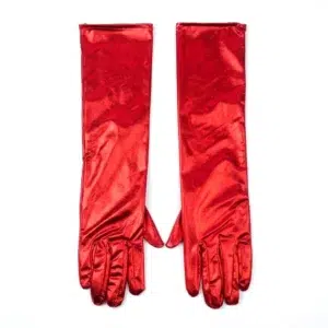 Guantes largos metalizados rojos 43cm para disfraz sobre fondo blanco